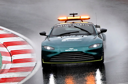 The Aston Martin Vantage Safety Car checks track conditions on Saturday morning