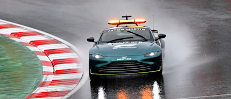 The Aston Martin Vantage Safety Car checks track conditions on Saturday morning
