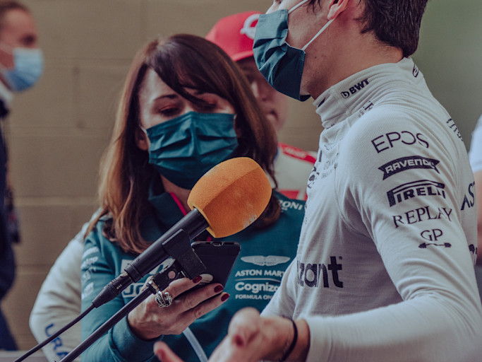 Senior Media Officer, Joanne Revill, with Lance Stroll