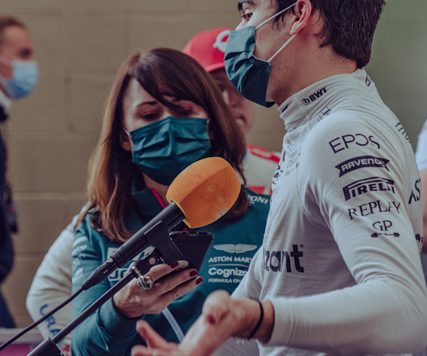 Senior Media Officer, Joanne Revill, with Lance Stroll