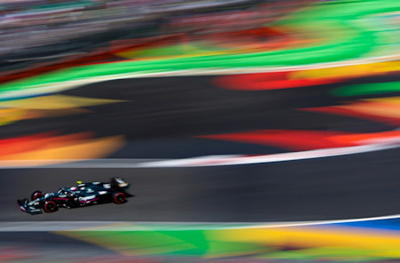 A sea of colour as the AMR21 powers through the technical Foro Sol Stadium section