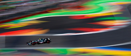 A sea of colour as the AMR21 powers through the technical Foro Sol Stadium section