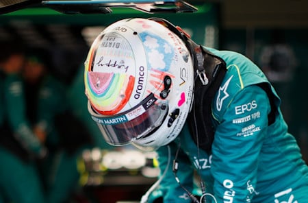 Sebastian raced with many unique helmet designs during his time at AMF1, including this at the British Grand Prix designed by his children.