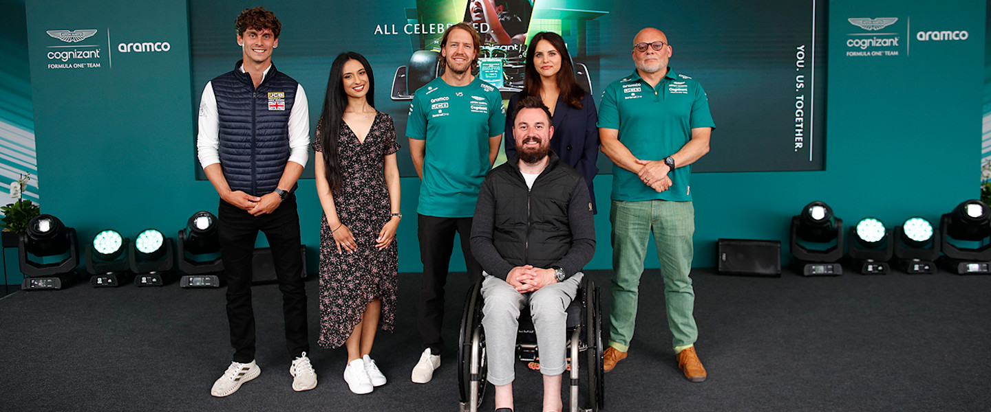 (L-R) Adam Burgess, Jamna Wanza, Sebastian Vettel, Martin Hibbert, Kate Dalton and Matt Bishop.