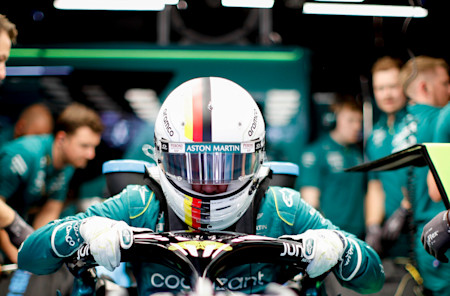 Sebastian climbs into the AMR22 to begin the weekend's practice sessions