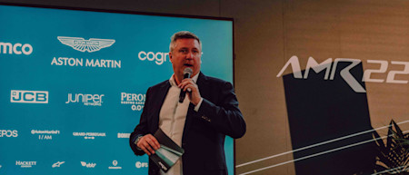 Sky Sports F1's David Croft entertains guests at Gaydon as the clock ticks down to launch