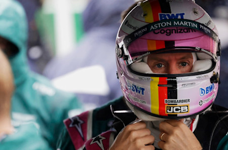 Sebastian prepares to get back in the AMR21 after a delay to the Belgian Grand Prix